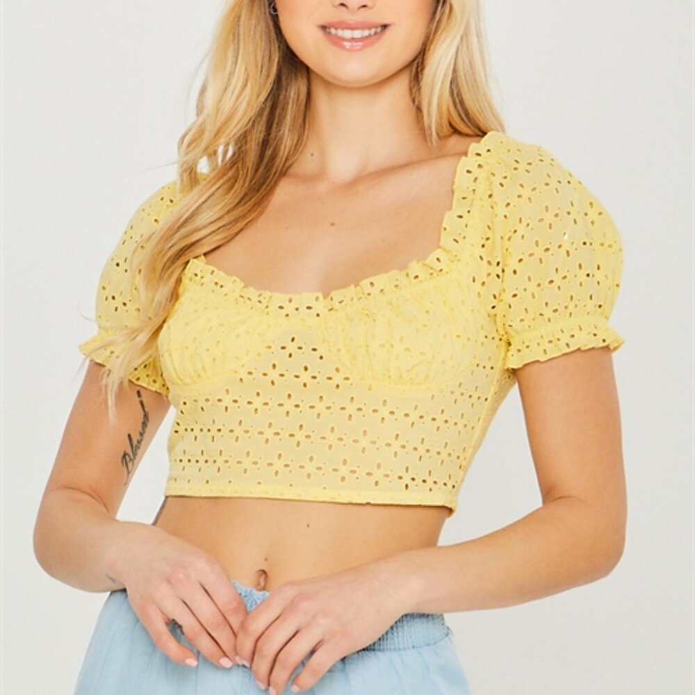 Yellow Smocked Crop Top Blouse (Large)